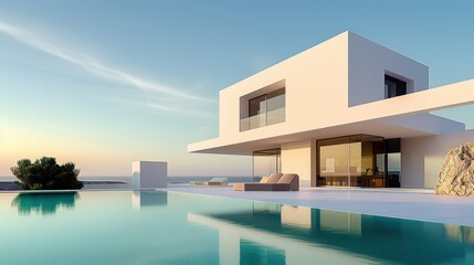 Fototapeta premium Minimalist Sunset Villa with Pool: A Stunning Modern Cubic Exterior