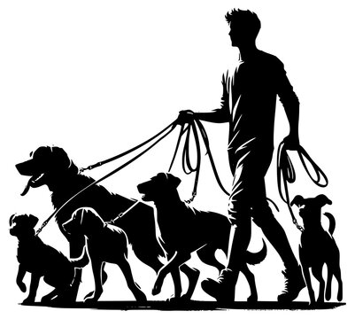 Male dog walker sitter walking with group of pets silhouette vector graphic. JPEG version.