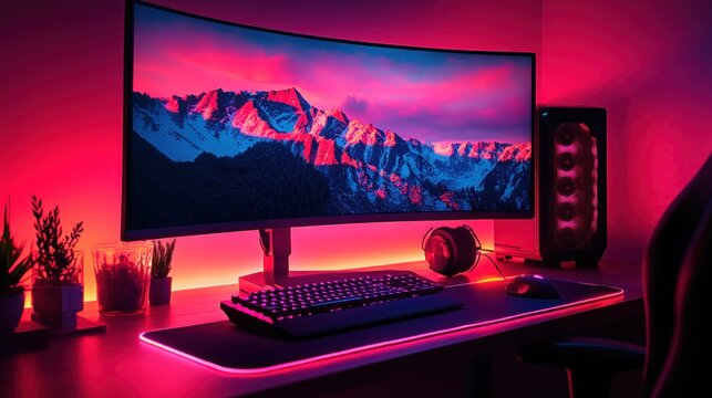 Pink-lit gaming setup with ultrawide monitor. - Powered by Adobe