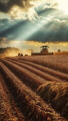 Fototapeta premium Golden Hour Harvest: Dramatic light illuminates hardworking combine harvesting ripe wheat field. AI Generated