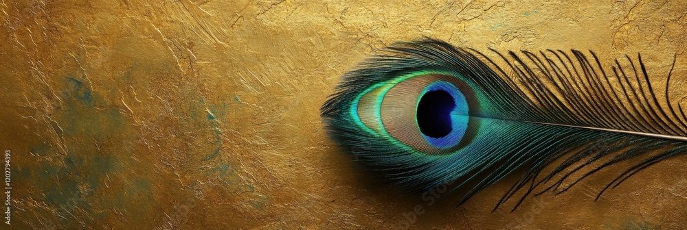 Poster vibrant peacock feather against a rich golden background showcasing intricate details and colors. ge