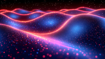 Obraz premium Abstract Glowing Waves with Red and Blue Particles in Dark Space