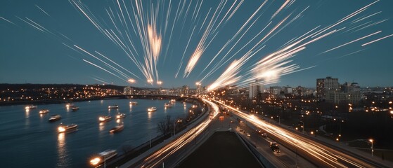 Fototapeta premium A dazzling cityscape with fiery light trails paints the night sky, depicting a sprawling metropolis alive with energy and movement.