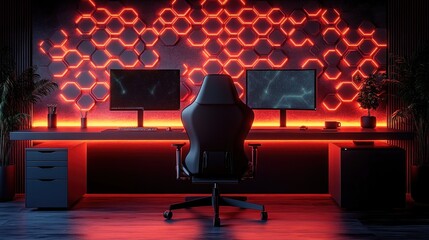 Red-lit gaming setup with hexagonal wall.