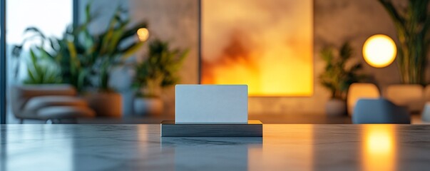 Blank card on table, modern lounge, warm lighting. Mockup
