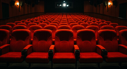 空の映画館（シアター）の赤い座席列 - 映画、エンターテイメント、上映、イベント、ドラマの背景、広大なコピー空間