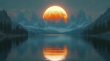 Giant orange moon rising over serene mountain lake