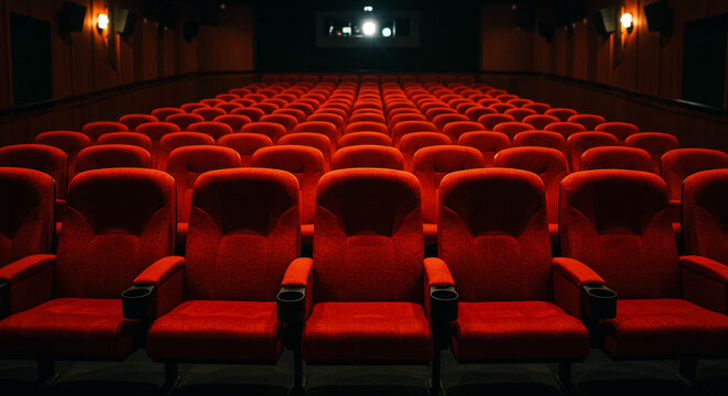 空の映画館（シアター）の赤い座席列 - 映画、エンターテイメント、上映、イベント、ドラマの背景、広大なコピー空間