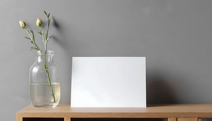 front view of blank greeting card on bookshelf and grey wall