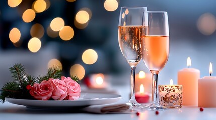 Romantic Dinner Setting with Champagne and Roses