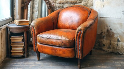 Vintage orange leather armchair in a rustic room.