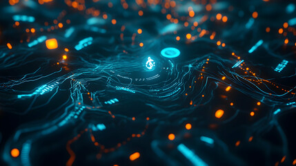 Abstract digital data flow visualization, glowing network nodes, futuristic technology background; ideal for tech presentations