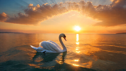 Fototapeta premium Swan swims in the sea. Dusk and sunset scenery. 