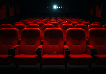 Obraz premium 暗闇とプロジェクターの光に包まれた赤い映画館の空席 - シネマ、エンターテイメント、レジャー、文化、イベントの背景