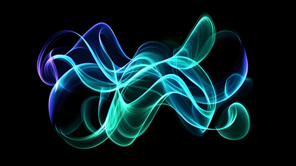 Abstract teal and purple glowing smoke waves on black background; ideal for technology or design projects