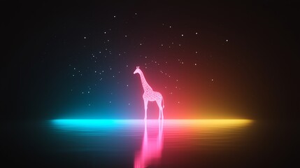 Obraz premium A vibrant digital artwork depicting a giraffe illuminated by colorful lights in a dark environment.
