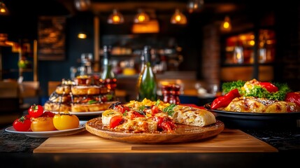 Warm inviting restaurant food setting golden light. AI Generated