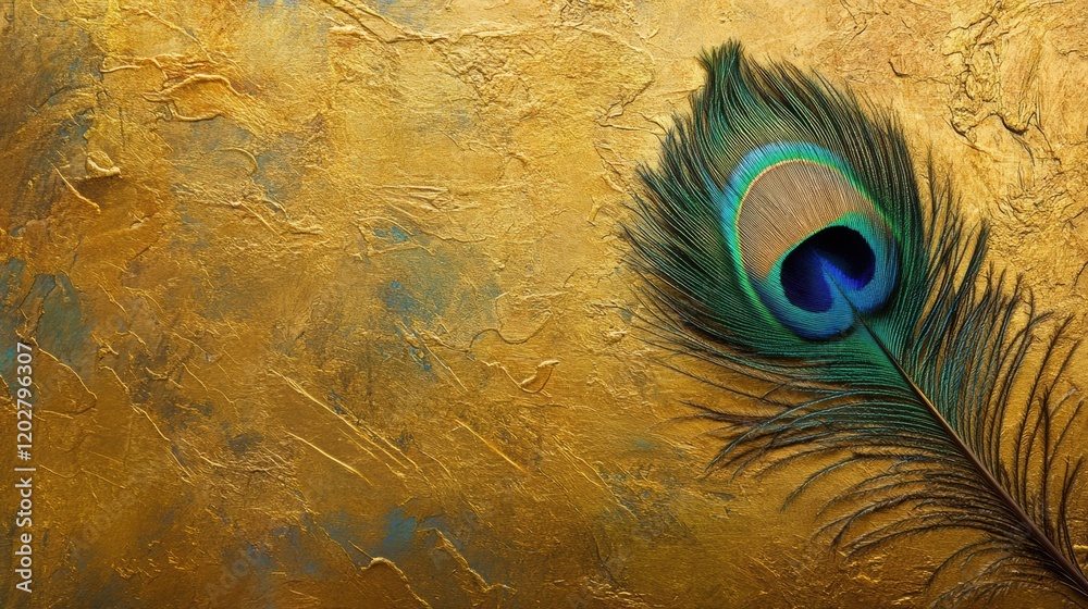 Poster peacock feather rests elegantly on a textured golden background showcasing vibrant colors and intric