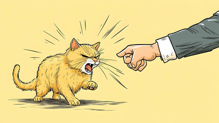 Angry cat scolded by businessman's finger, yellow background, cartoon style, ideal for website or social media