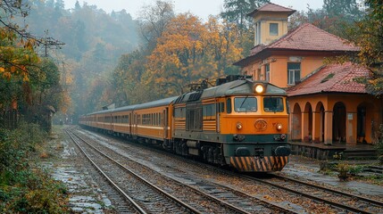 Obraz premium Autumn Train Journey Through Colorful Foliage