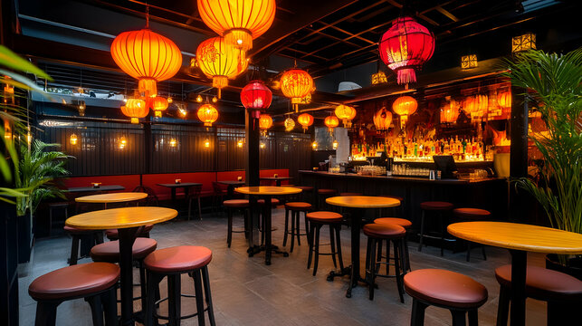 Asian-themed bar interior, lanterns hanging, tables and stools, nighttime ambiance, ideal for restaurant or travel websites
