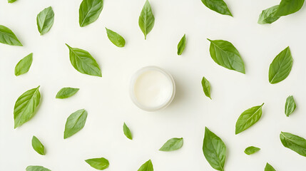 Basil leaves surround cream jar; white background; beauty product;  website banner