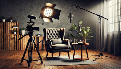 Studio setup for interview with arm chair and mic 
