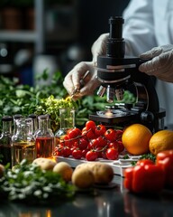 Scientist examines fresh produce with a microscope in a lab setting.