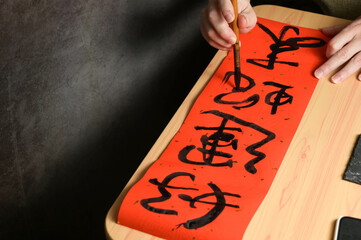 Taiwan - Jan 15, 2025: Handwritten Spring Festival couplets, Words for the Year of the Snake