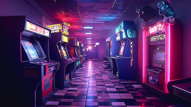 Colorful Arcade Hallway Retro Machines and Neon Lights Create Nostalgic Gaming Experience in Vibrant Atmosphere
