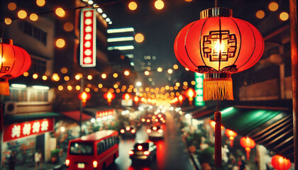 Happy chinese new year with traditional red lantern hanging for celebration, blurred street night background