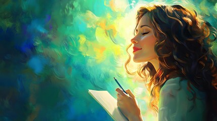 Woman with flowing hair writing in a notebook