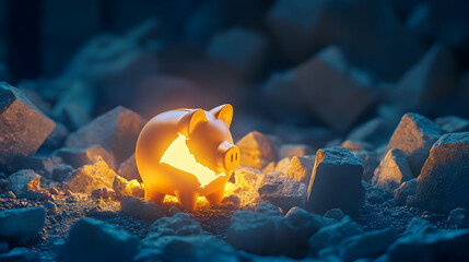 Broken piggy bank amidst rubble, symbolizing financial crisis, used for articles about economic hardship