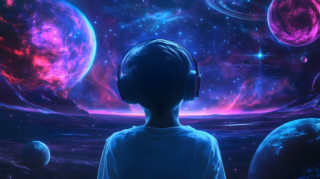 Boy wearing headphones, gazing at vibrant cosmic landscape; futuristic virtual reality experience; potential use technology, gaming, space exploration