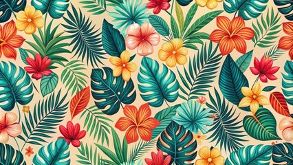 Vibrant Tropical Floral Pattern Featuring Lush Exotic Leaves and Flowers in a Seamless Design