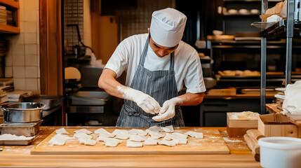 Chef prepares dough for dumplings in a restaurant kitchen