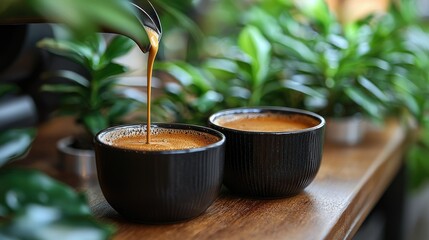 Coffee pouring into dark cups amidst green plants