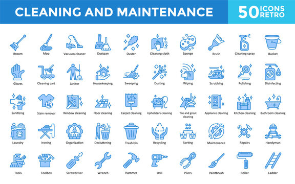 Cleaning and Maintenance icon set with broom, mop, vacuum cleaner, dustpan, duster, cleaning cloth, sponge, brush, cleaning spray, bucket icon. Simple retro vector 
