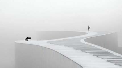 Solitary Figure on a Curved Pathway with Distant Piano in Foggy Landscape