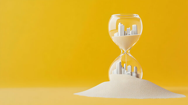 Cityscape miniature in hourglass, yellow background, time, urban development