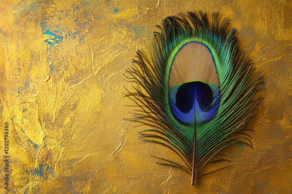 Aufkleber vibrant peacock feather resting on gold textured surface showcasing intricate patterns and rich colo