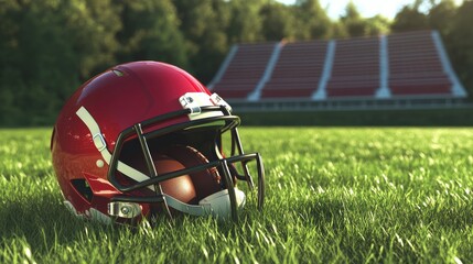 A red football helmet next to a football, placed on freshly mowed grass with stadium bleachers in the distance.