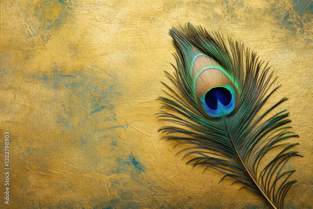 Aufkleber peacock feather displayed against a golden textured background creating an elegant visual compositio