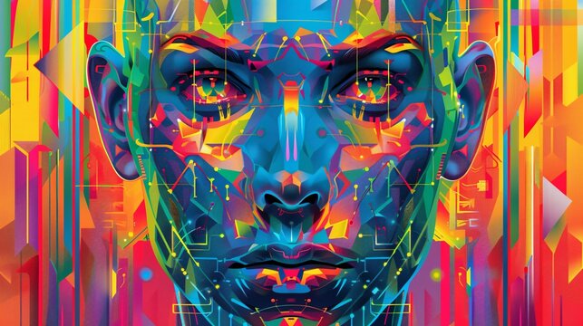 Caucasian cyborg with weird and flashy design, rainbow colored simple background, adult face