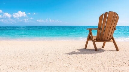 Relaxing wooden chair on sunny beach; ocean view. Ideal for travel brochures