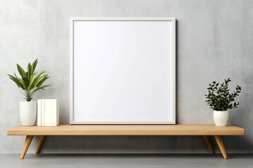 Modern Living Room Interior with Wooden Shelf and Blank Poster Frame on Concrete Wall