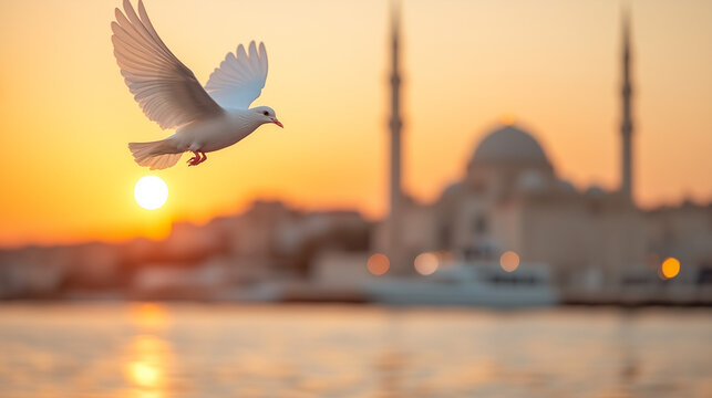 Dove flying at sunset over a mosque silhouette - Powered by Adobe