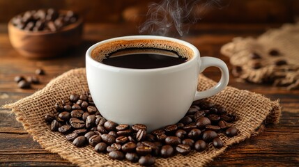 Steaming cup of black coffee on burlap with beans. (1)