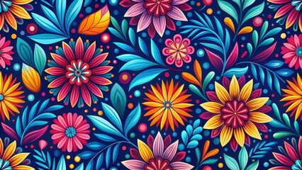 Vibrant Floral Design A Seamless Pattern of Colorful Flowers and Leaves on a Dark Background