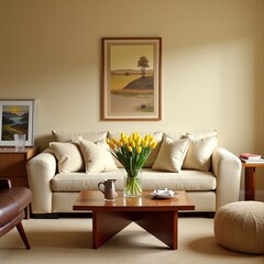 Bright and Inviting Living Room with a Cozy Sofa, Stylish Armchair, Tulip-Adorned Table, Poster Frame, Round Pouf, Beige Sideboard, and Decorative Pitcher.
